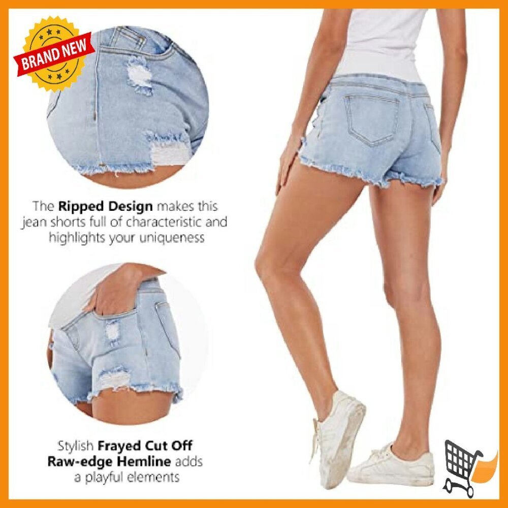 Maternity Ripped Denim Shorts Under Belly V-Shape Low Rise - Picture 4 of 8